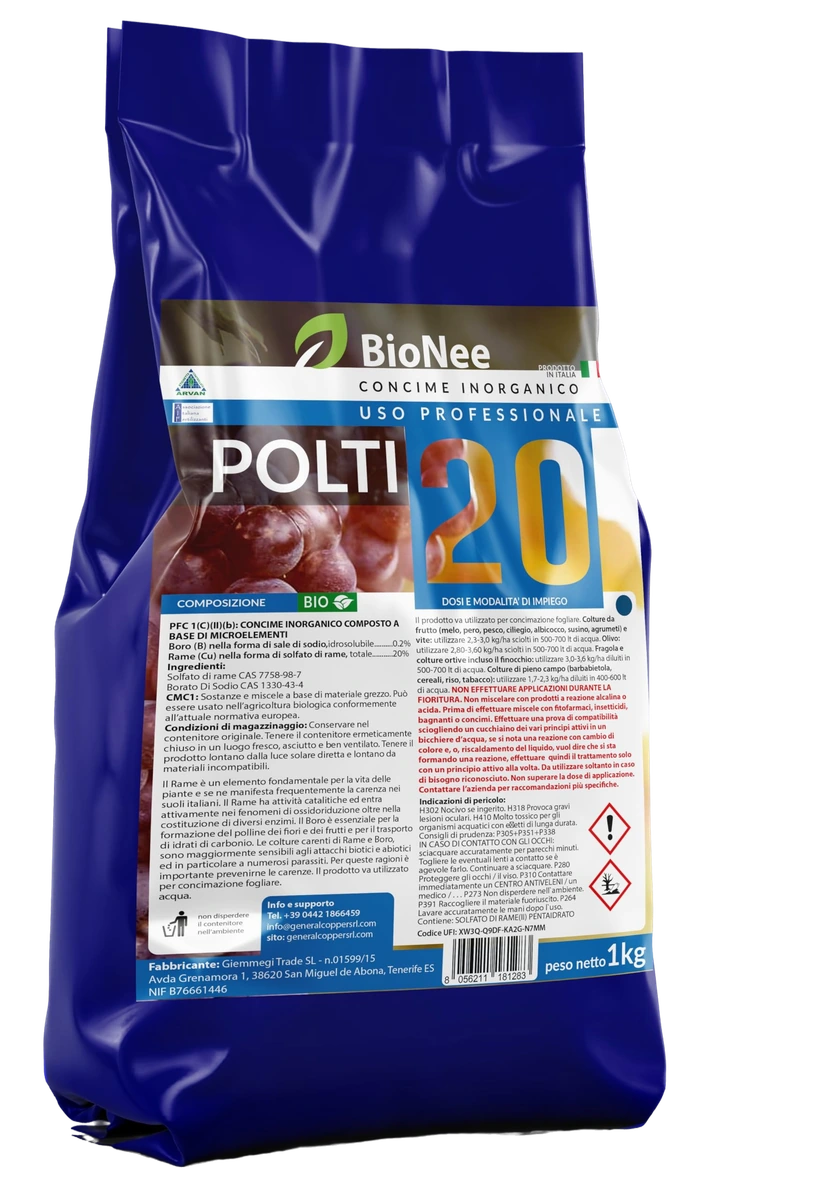 Poltiglia Bordolese Rameica - POLTI 20 | Concime Inorganico a Base di Solfato di Rame | Supporto Nutrizionale per Piante e Colture 1 kg