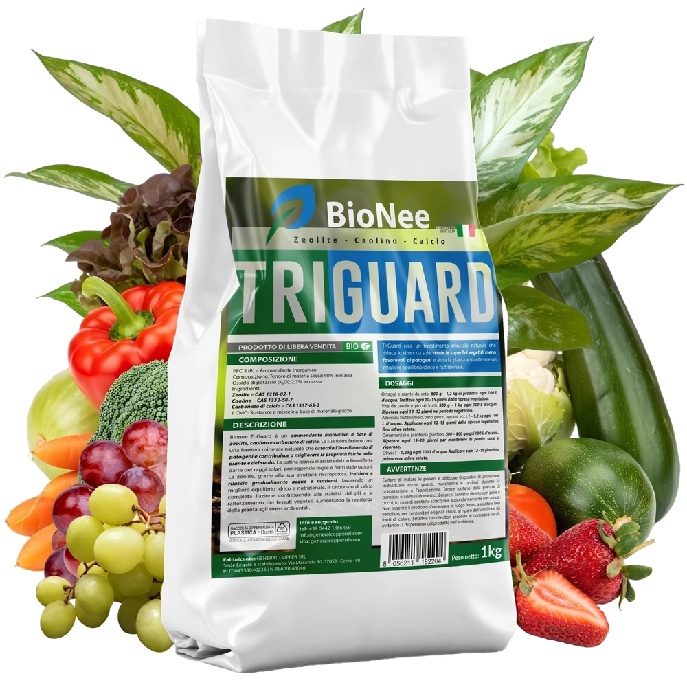 Bionee TriGuard – Corroborante a Base di Zeolite, Caolino e Carbonato di Calcio | Barriera Minerale Naturale contro Stress Solari e Patogeni | Per Orto, Frutteto, Vite e Giardino – 1 Kg