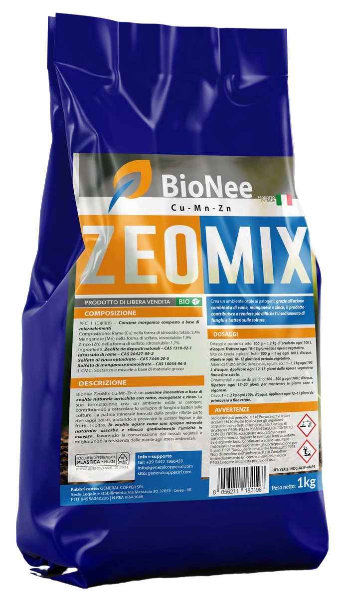 Bionee ZeoMix Cu-Mn-Zn 1 Kg – Concime Minerale a Base di Zeolite con Rame, Manganese e Zinco | Protezione Naturale da Patogeni e Stress Ambientali | Per Orto, Frutteto, Vite e Piante Ornamentali