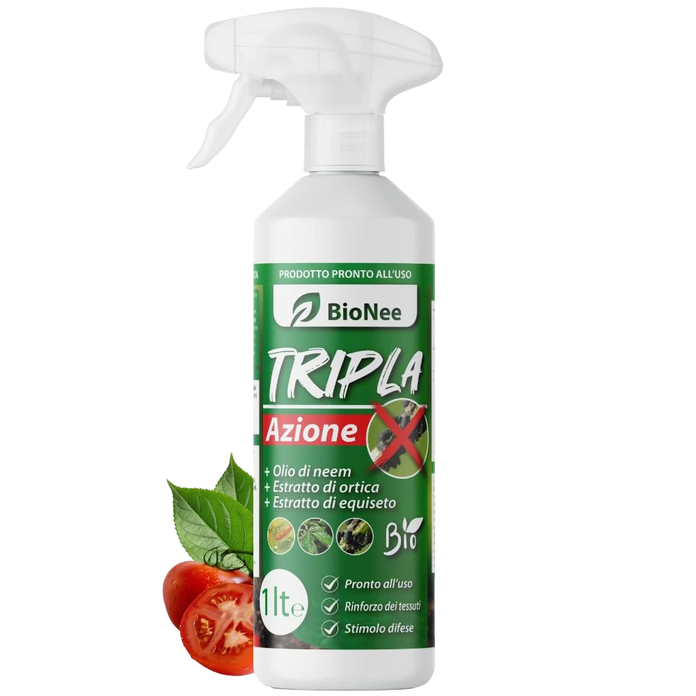 Tripla Azione Spray 1 Lt | Con Olio di Neem, Estratto di Ortica ed Equiseto | Naturale, Pronto all’Uso, Zero Residui | Protezione e Rinforzo per Piante e Orto