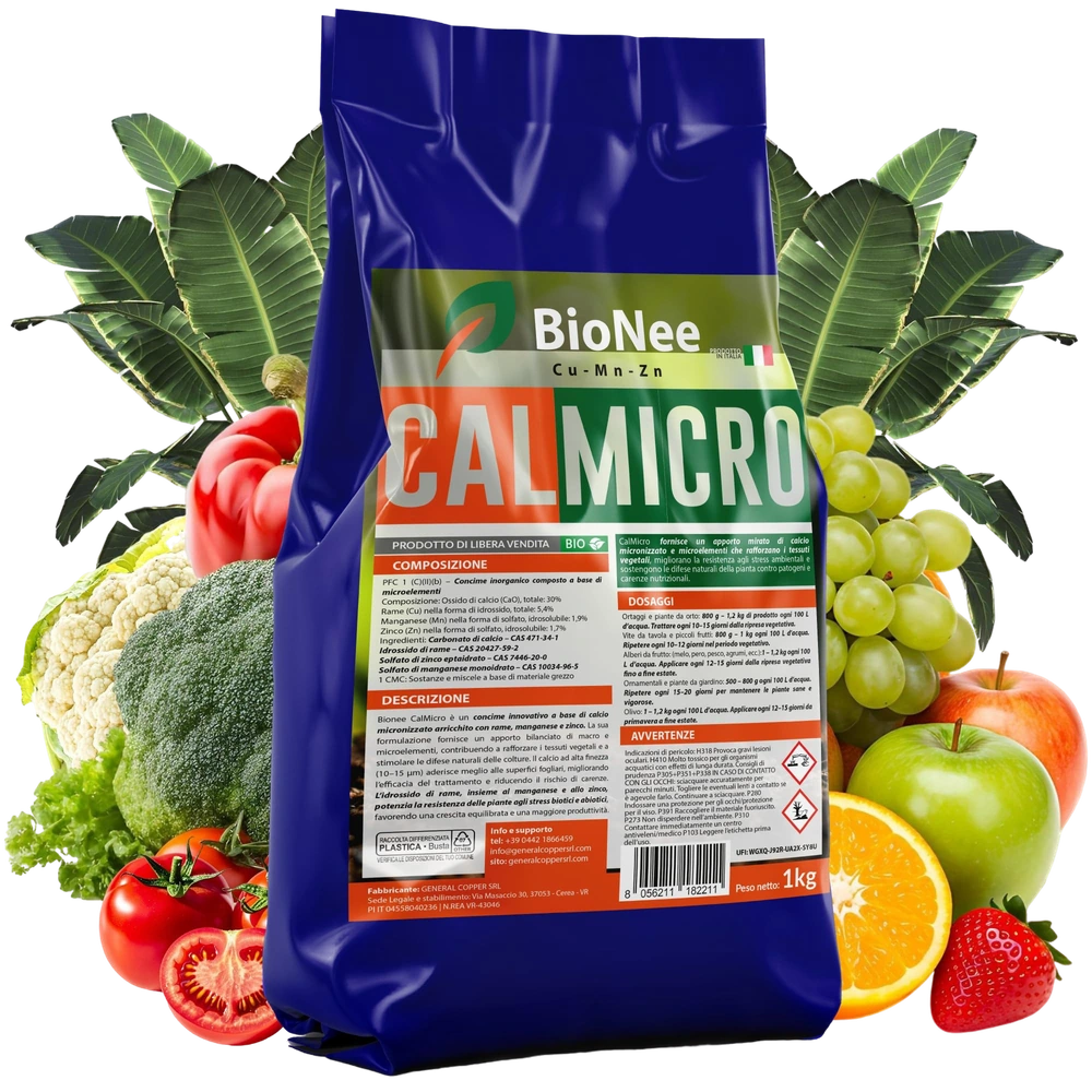 Bionee CalMicro 1 Kg – Concime a Base di Calcio Micronizzato con Rame, Manganese e Zinco | Rafforza i Tessuti Vegetali e Protegge da Stress Ambientali | Per Orto, Frutteto, Vite e Piante Ornamentali