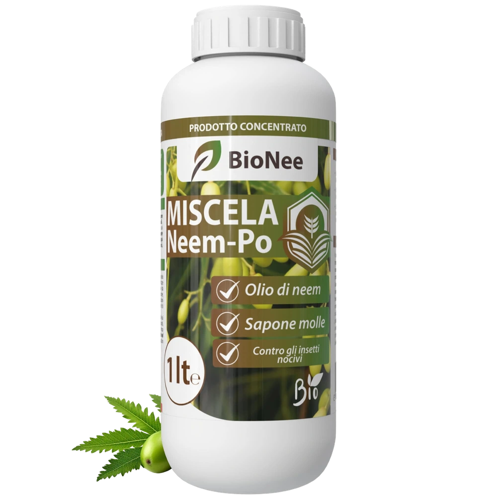 Miscela Neem-Po per Piante Biologico | Olio di Neem + Sapone molle di potassio Solubile Ottimo Contro le Avversità Esterne di Orto, Prato e Giardino 1 lt