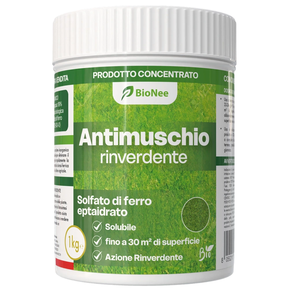 ANTIMUSCHIO RINVERDENTE 1kg – Solfato di Ferro Concentrato – Azione Rapida contro Muschio, Clorosi Ferrica e Rinverdimento Prato – Consentito in Agricoltura Biologica