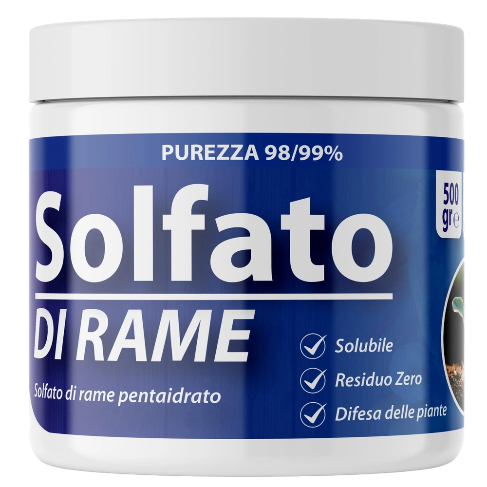 Solfato di Rame | Concime Inorganico Puro 98/99% | Rame Solubile 25% | Uso Agricolo e Biologico | Residuo Zero | Rame Pentaidrato per Orto e Giardino 500 gr