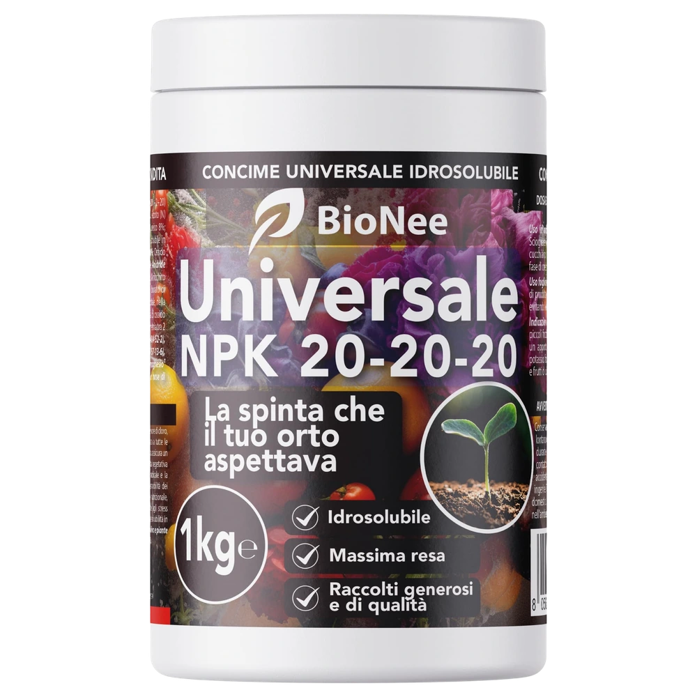 Bionee Universale NPK 20-20-20, Concime Idrosolubile per Orto, Frutteto e Giardino | Nutrizione Completa e Rapida, 1 Kg