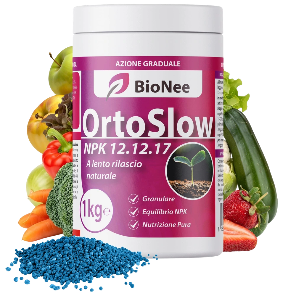 Bionee OrtoSlow 1 Kg – Concime Granulare NPK 12.12.17 a Lento Rilascio | Nutrizione Completa ed Equilibrata per Ortaggi, Frutteto e Giardino | Con Magnesio, Zolfo e Zinco