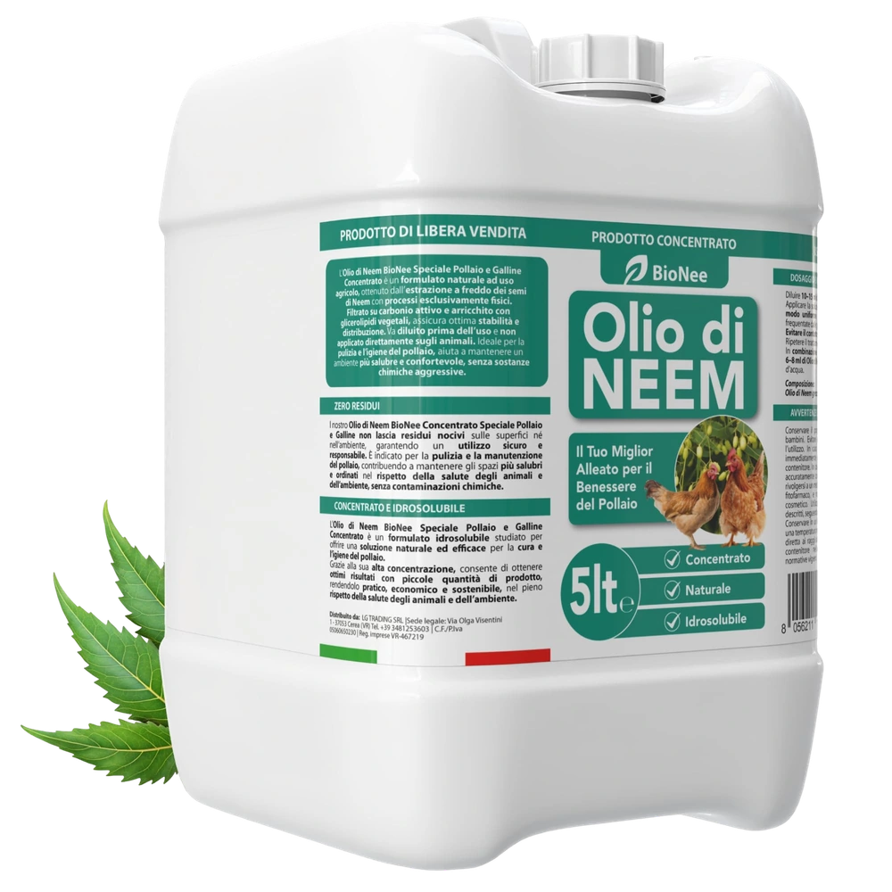 BioNee Olio di Neem Concentrato per Pollaio e Galline – Formulato Naturale Idrosolubile | Pulizia, Igiene e Benessere del Pollaio | Alta Purezza, Zero Residui Chimici (5 litri)