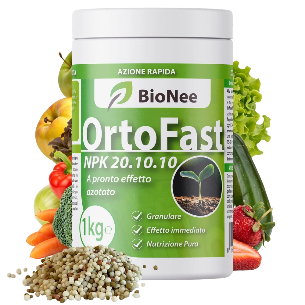 Bionee OrtoFast 1 Kg – Concime Granulare NPK 20.10.10 ad Alto Tenore di Azoto | Crescita Vigorosa e Rinverdimento Rapido | Per Ortaggi, Frutteto, Ornamentali e Prato