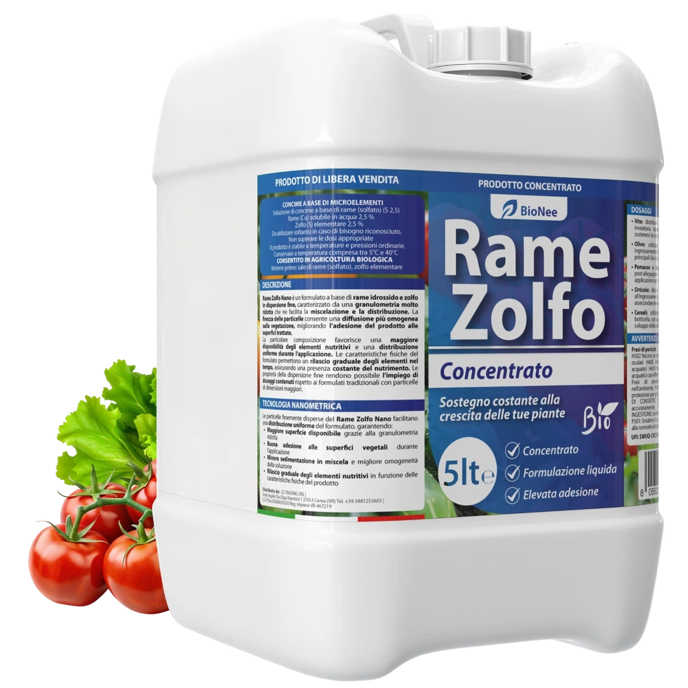 Rame Zolfo Nano Concentrato – Concime Inorganico Liquido-Gel a Base di Rame e Zolfo per Orto e Giardino (5 litri)