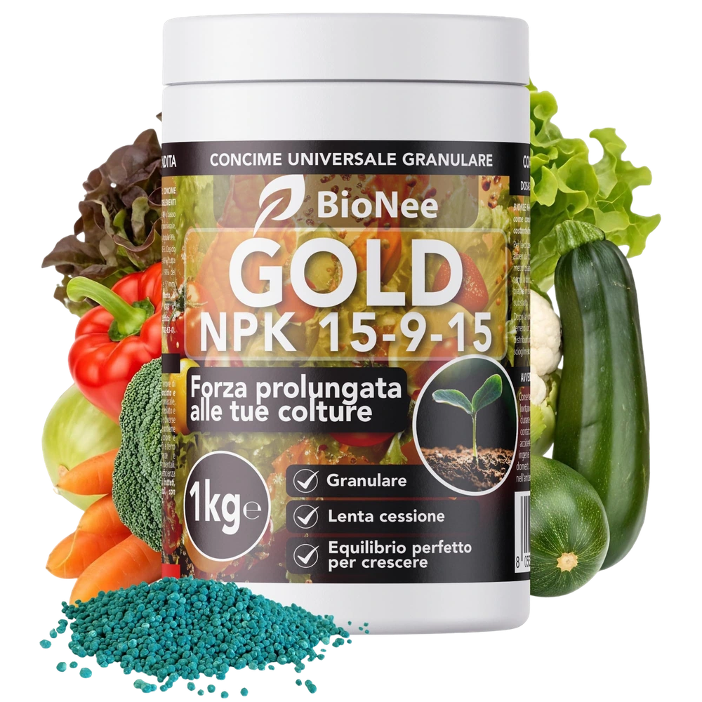BIONEE NPK GOLD 15-9-15 – Concime Universale a Lenta Cessione per Orto, Frutteto, Prato e Piante Ornamentali – Con Magnesio, Zolfo e Ferro – 1 kg