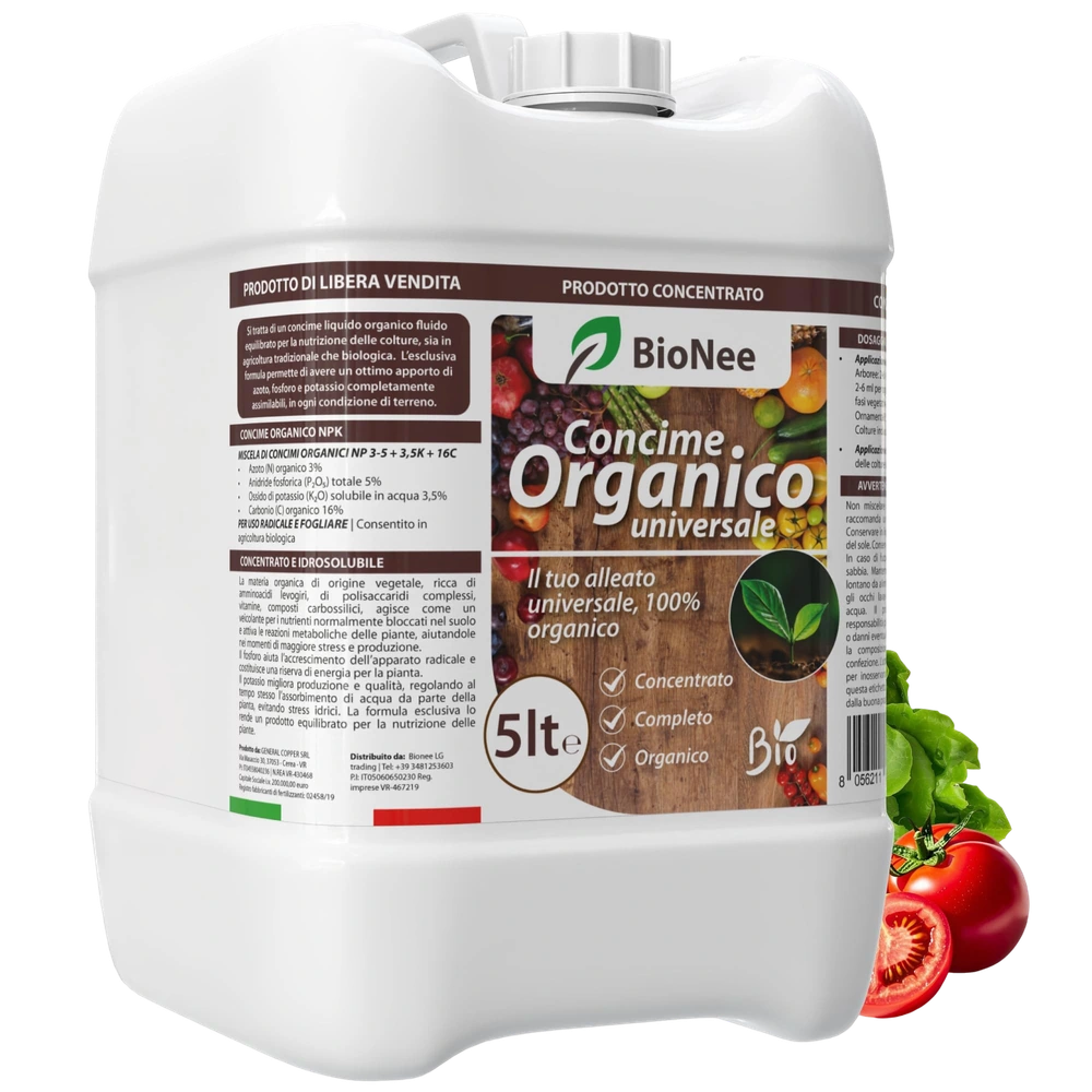 Concime Universale Organico Liquido – Ricco di Aminoacidi – Uso Radicale e Fogliare – Consentito in Agricoltura Biologica – Nutriente per Piante Vigorose (5 litri)