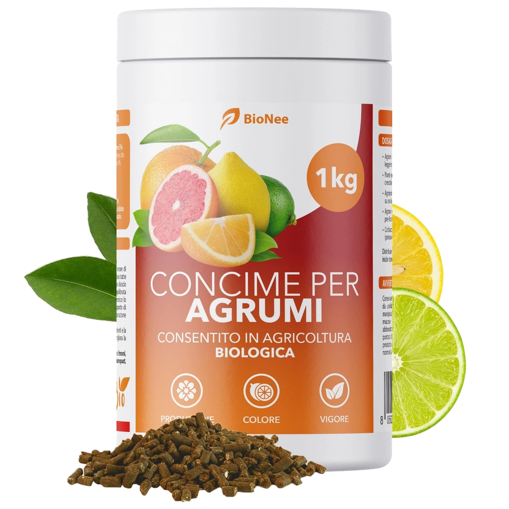 BioNee Concime per Agrumi Pellettato NPK 5-6-14 – Nutrimento Organico per Limoni, Aranci, Mandarini e Lime – Consentito in Agricoltura Biologica – 1 kg