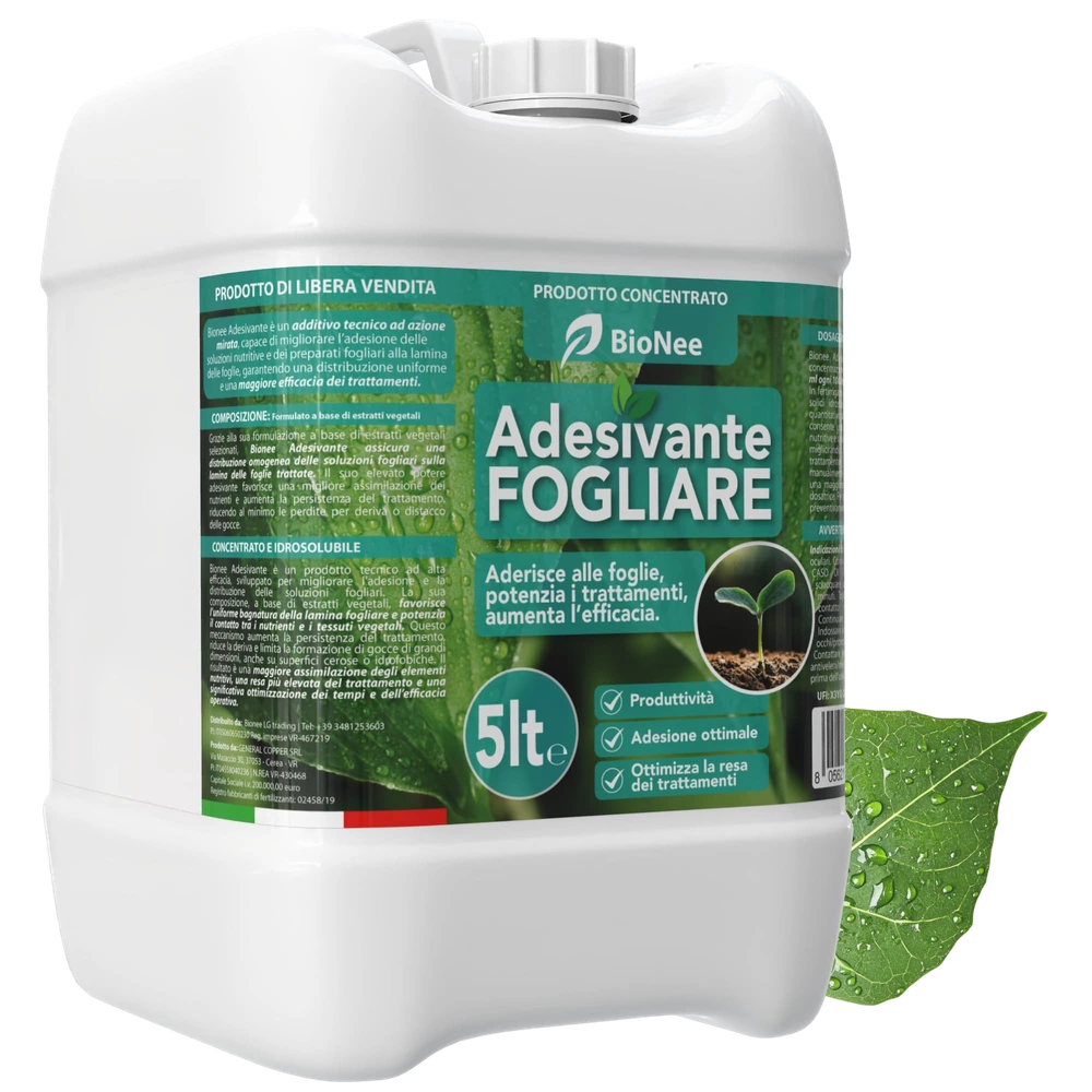 Bionee Adesivante Fogliare – Coadiuvante Tecnico a Base di Estratti Vegetali per Migliorare l’Adesione dei Trattamenti e l’Assimilazione dei Nutrienti (5 litri)