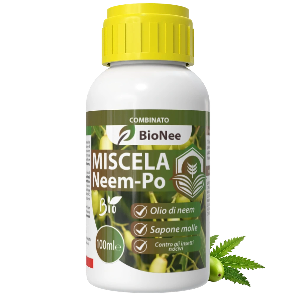 Miscela Neem-Po per Piante Biologico | Olio di Neem + Sapone molle di potassio Solubile Ottimo Contro le Avversità Esterne di Orto, Prato e Giardino (100 ml)